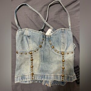 Forever 21 Light Wash Denim Studded Bustier Crop Top